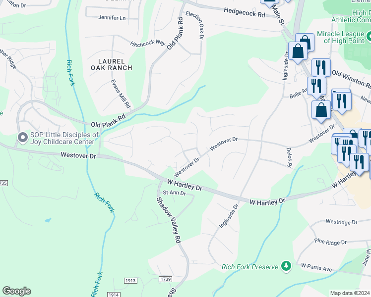 map of restaurants, bars, coffee shops, grocery stores, and more near 588 Forage Drive in High Point