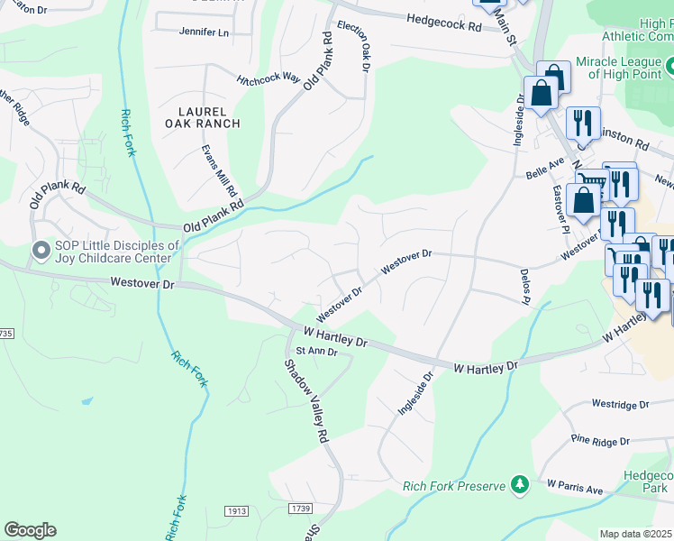 map of restaurants, bars, coffee shops, grocery stores, and more near 588 Forage Drive in High Point