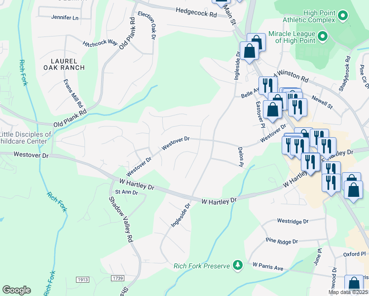 map of restaurants, bars, coffee shops, grocery stores, and more near 2725 Camillia Cove in High Point