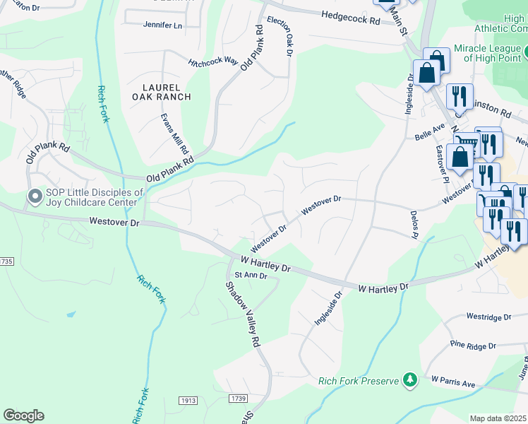 map of restaurants, bars, coffee shops, grocery stores, and more near 580 Forage Drive in High Point