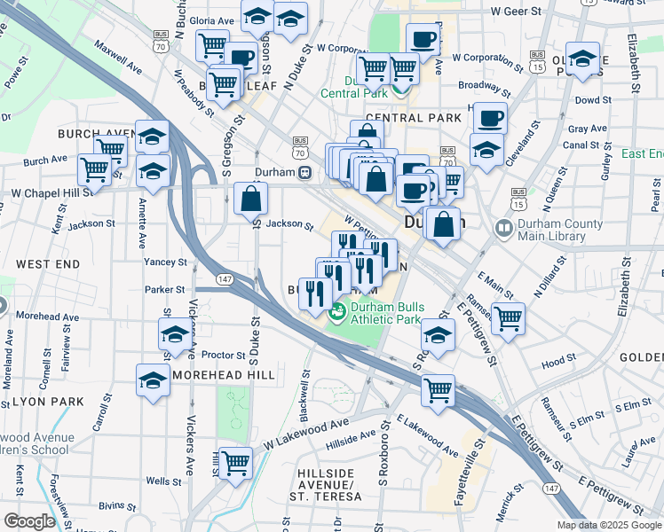 map of restaurants, bars, coffee shops, grocery stores, and more near 324 Blackwell Street in Durham