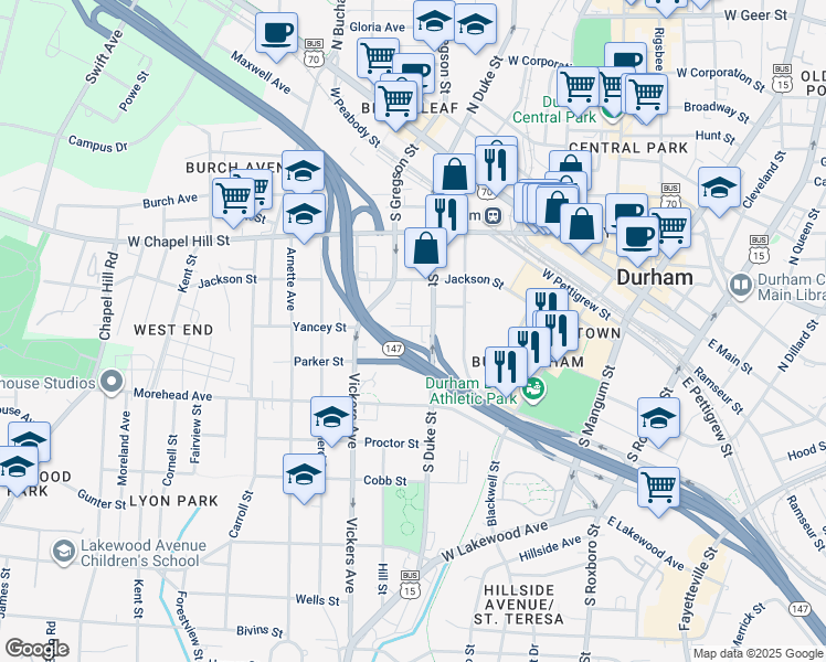 map of restaurants, bars, coffee shops, grocery stores, and more near 507 Yancey Street in Durham