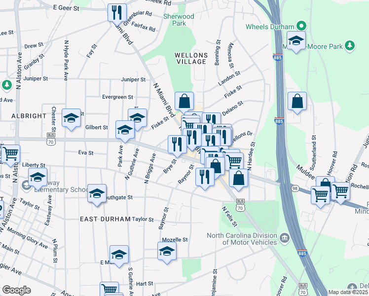 map of restaurants, bars, coffee shops, grocery stores, and more near 1777 Holloway Street in Durham