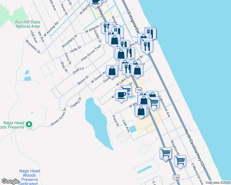 map of restaurants, bars, coffee shops, grocery stores, and more near 402 West Fresh Pond Drive in Kill Devil Hills