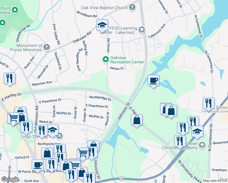 map of restaurants, bars, coffee shops, grocery stores, and more near 3011 Windchase Court in High Point