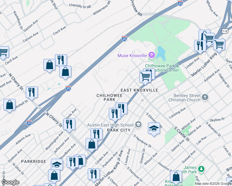 map of restaurants, bars, coffee shops, grocery stores, and more near 2922 Woodbine Avenue in Knoxville