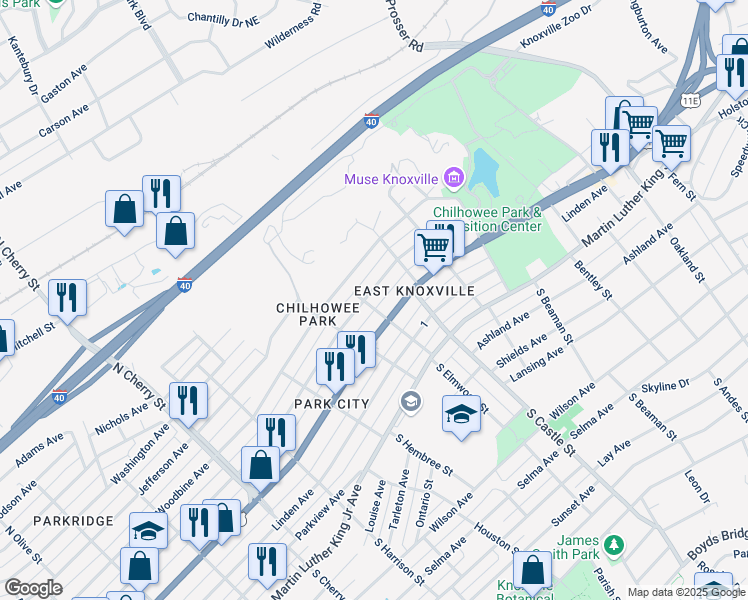 map of restaurants, bars, coffee shops, grocery stores, and more near 3002 East 5th Avenue in Knoxville