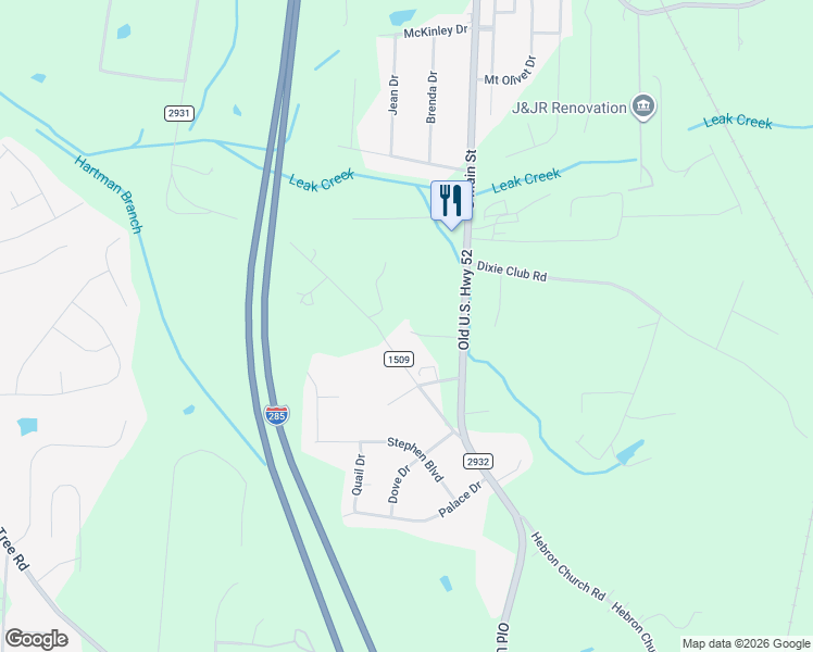 map of restaurants, bars, coffee shops, grocery stores, and more near 201 Leisure Time Lane in Winston-Salem