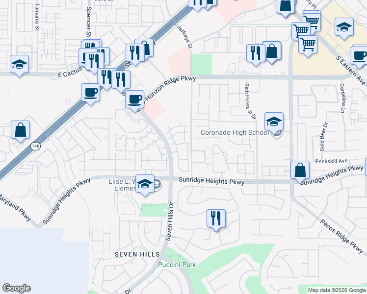 map of restaurants, bars, coffee shops, grocery stores, and more near 950 Seven Hills Drive in Henderson