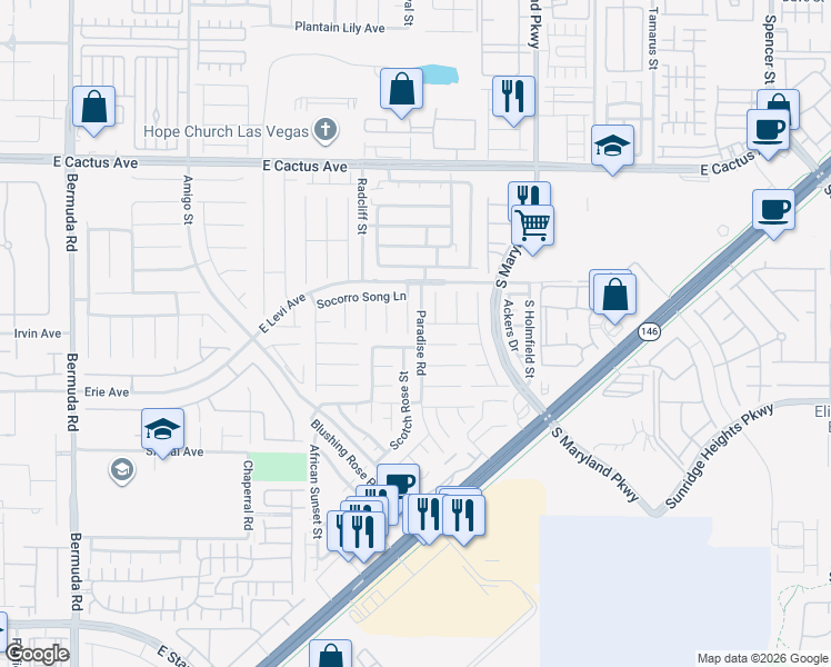 map of restaurants, bars, coffee shops, grocery stores, and more near 10790 Artesia Wells Street in Henderson