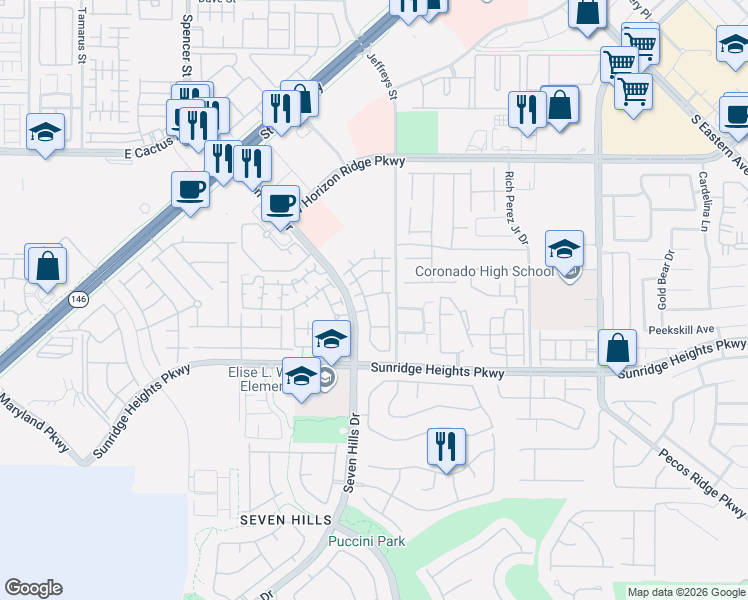 map of restaurants, bars, coffee shops, grocery stores, and more near 950 Seven Hills Drive in Henderson
