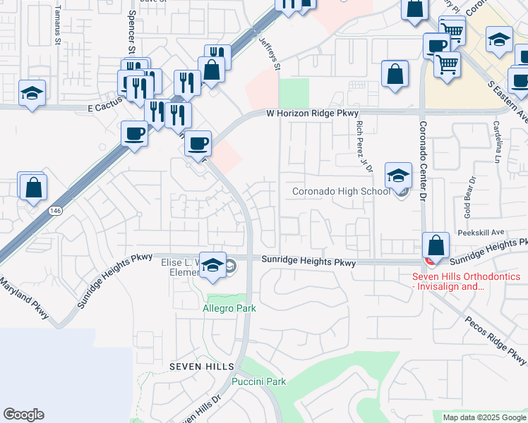 map of restaurants, bars, coffee shops, grocery stores, and more near 950 Seven Hills Drive in Henderson