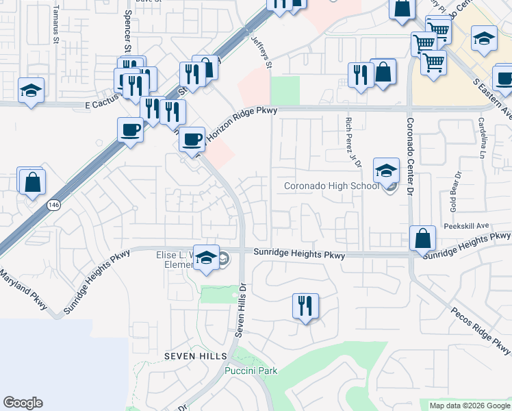 map of restaurants, bars, coffee shops, grocery stores, and more near 950 Seven Hills Drive in Henderson