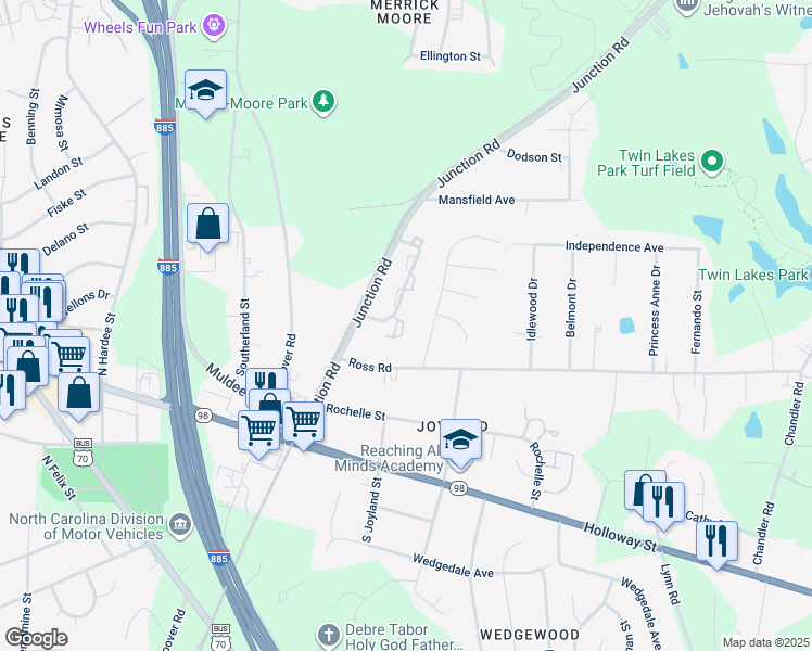 map of restaurants, bars, coffee shops, grocery stores, and more near 322 Junction Road in Durham