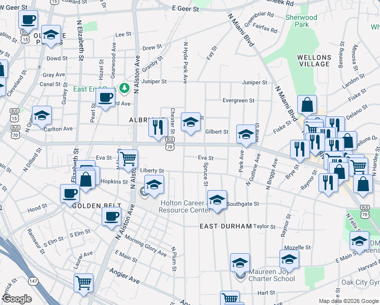 map of restaurants, bars, coffee shops, grocery stores, and more near 803 North Hyde Park Avenue in Durham