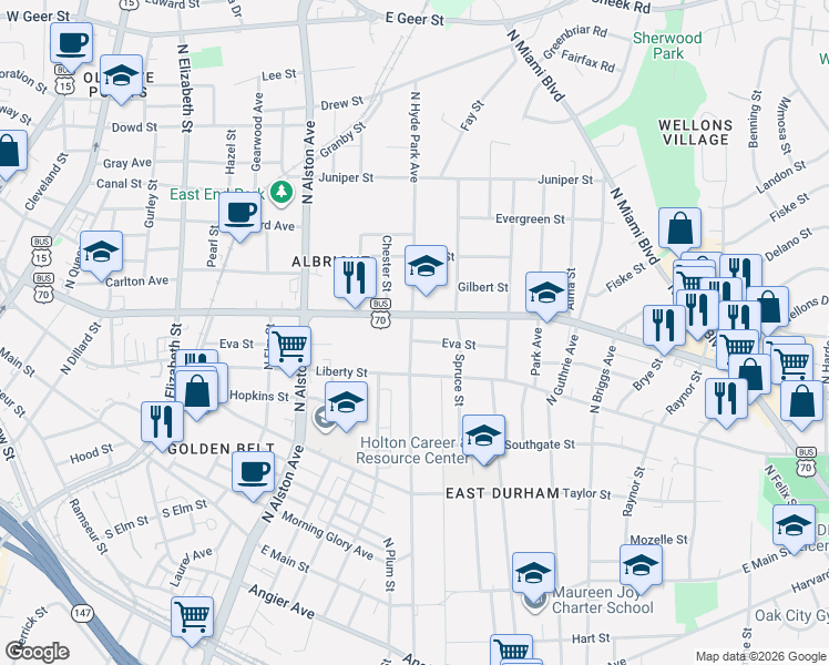 map of restaurants, bars, coffee shops, grocery stores, and more near 803 North Hyde Park Avenue in Durham