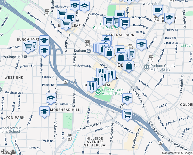 map of restaurants, bars, coffee shops, grocery stores, and more near 320 Blackwell Street in Durham
