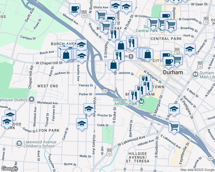 map of restaurants, bars, coffee shops, grocery stores, and more near 614 Yancey Street in Durham