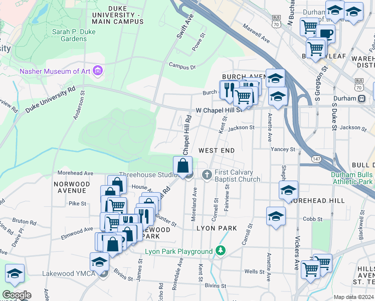 map of restaurants, bars, coffee shops, grocery stores, and more near 880 Estes Street in Durham