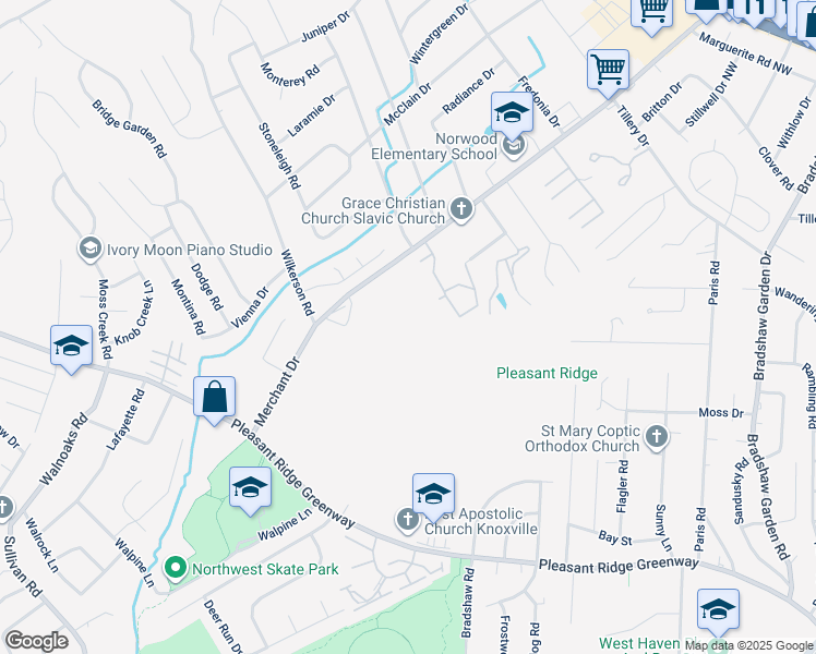 map of restaurants, bars, coffee shops, grocery stores, and more near 2400 Merchant Drive in Knoxville