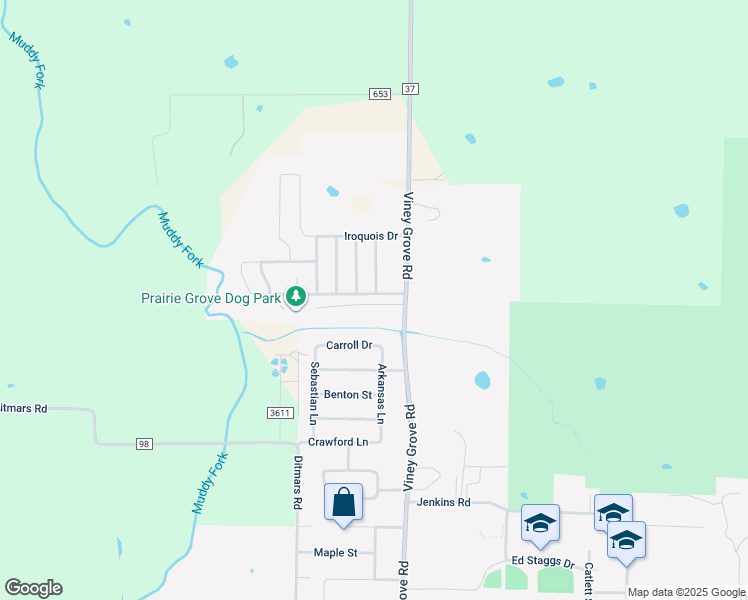 map of restaurants, bars, coffee shops, grocery stores, and more near 731 Bonnie Scotland Drive in Prairie Grove