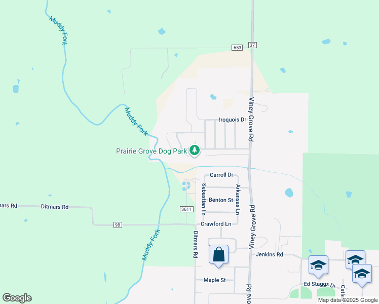 map of restaurants, bars, coffee shops, grocery stores, and more near 941 Bonnie Scotland Drive in Prairie Grove