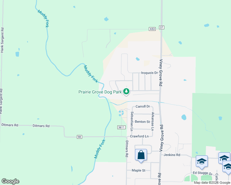 map of restaurants, bars, coffee shops, grocery stores, and more near 1001 Bonnie Scotland Drive in Prairie Grove