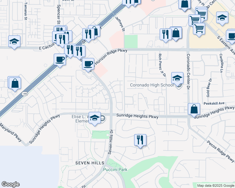 map of restaurants, bars, coffee shops, grocery stores, and more near 950 Seven Hills Drive in Henderson