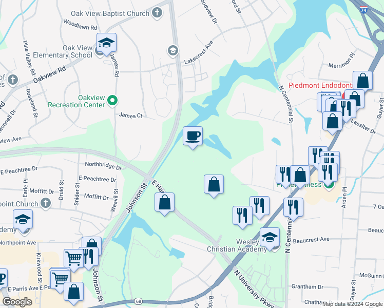 map of restaurants, bars, coffee shops, grocery stores, and more near 1050 Mall Loop Road in High Point