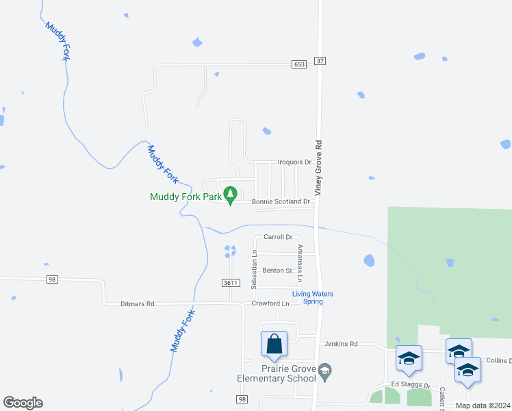 map of restaurants, bars, coffee shops, grocery stores, and more near 891 Bonnie Scotland Drive in Prairie Grove