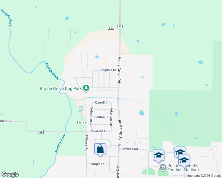 map of restaurants, bars, coffee shops, grocery stores, and more near 741 Bonnie Scotland Drive in Prairie Grove