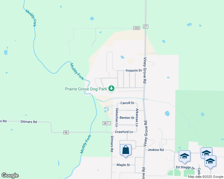 map of restaurants, bars, coffee shops, grocery stores, and more near 921 Bonnie Scotland Drive in Prairie Grove