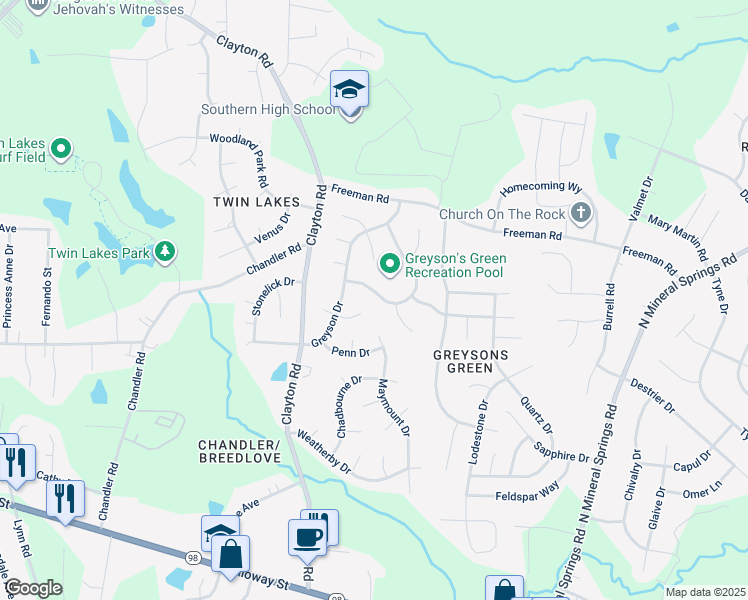 map of restaurants, bars, coffee shops, grocery stores, and more near 714 Grandview Drive in Durham