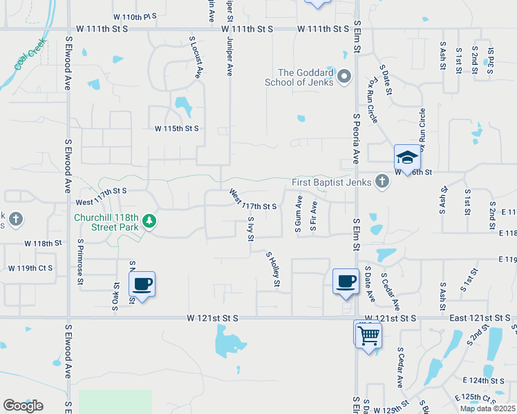 map of restaurants, bars, coffee shops, grocery stores, and more near 1025 West 117th Street South in Jenks
