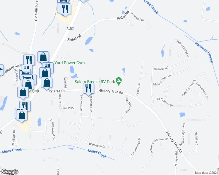 map of restaurants, bars, coffee shops, grocery stores, and more near 2860 Hickory Tree Road in Winston-Salem
