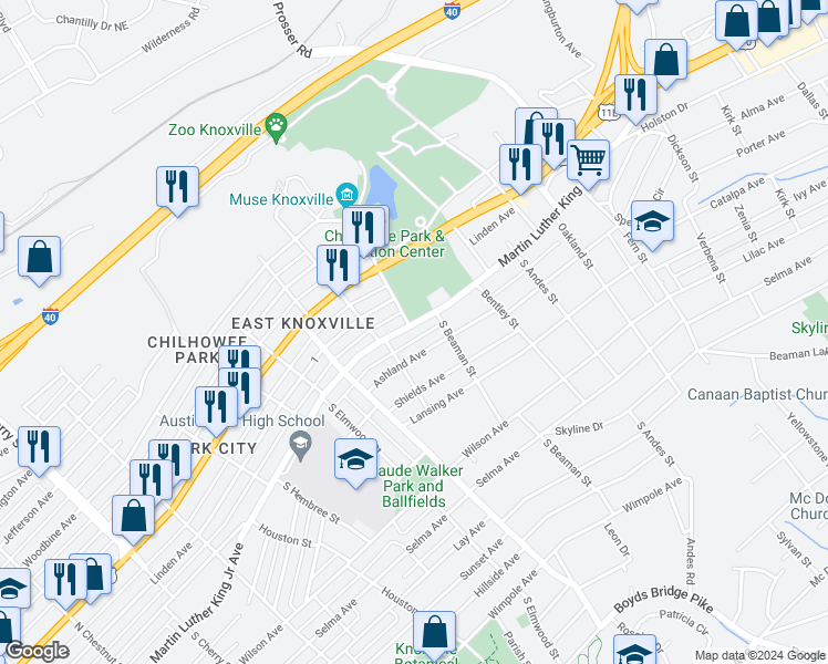 map of restaurants, bars, coffee shops, grocery stores, and more near 3300 Martin Luther King Junior Avenue in Knoxville