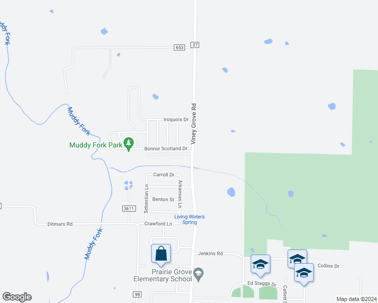 map of restaurants, bars, coffee shops, grocery stores, and more near 711 Bonnie Scotland Drive in Prairie Grove