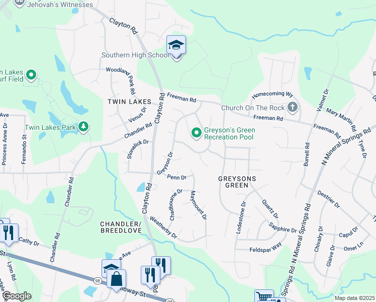 map of restaurants, bars, coffee shops, grocery stores, and more near 714 Grandview Drive in Durham