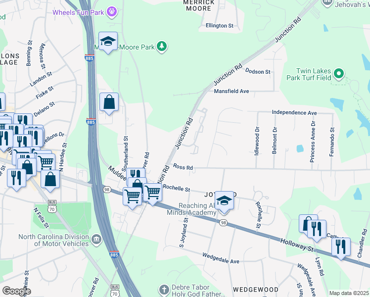 map of restaurants, bars, coffee shops, grocery stores, and more near 322 Junction Road in Durham