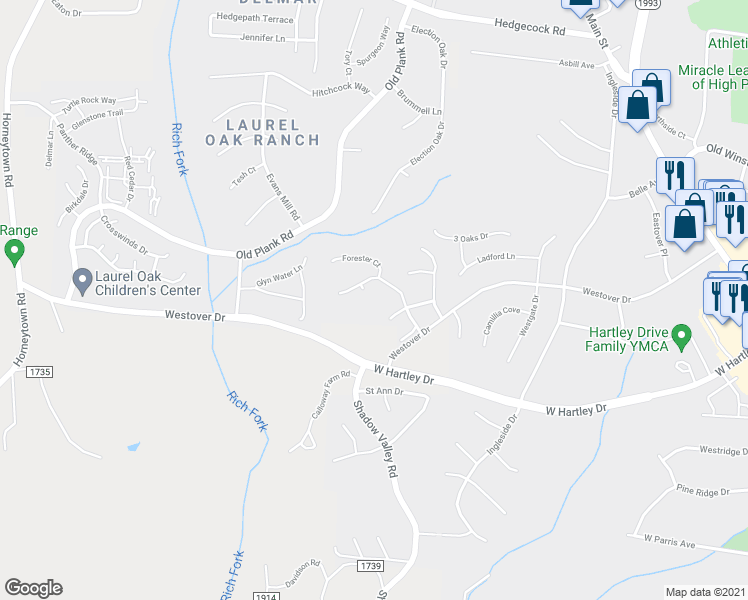map of restaurants, bars, coffee shops, grocery stores, and more near 5425 Forester Drive in High Point