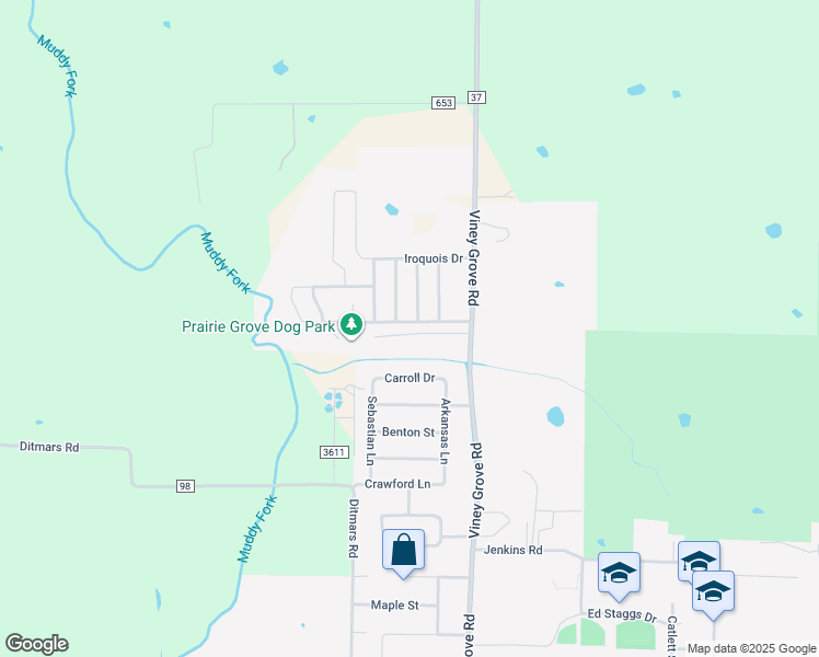 map of restaurants, bars, coffee shops, grocery stores, and more near 841 Bonnie Scotland Drive in Prairie Grove