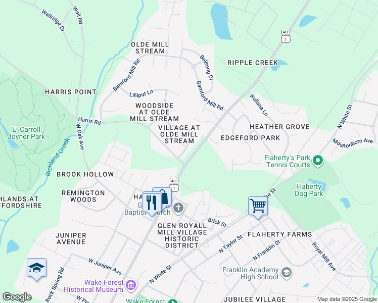 map of restaurants, bars, coffee shops, grocery stores, and more near 916 Amersham Ln in Wake Forest