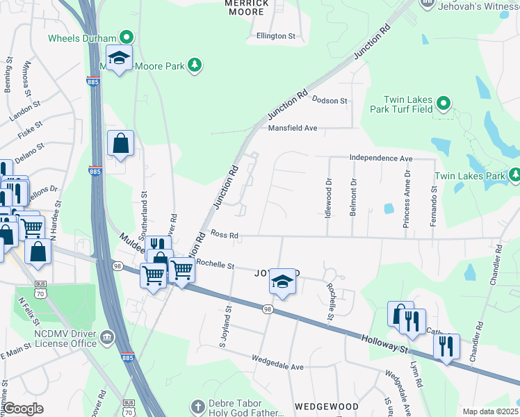 map of restaurants, bars, coffee shops, grocery stores, and more near 317 Melbourne Street in Durham