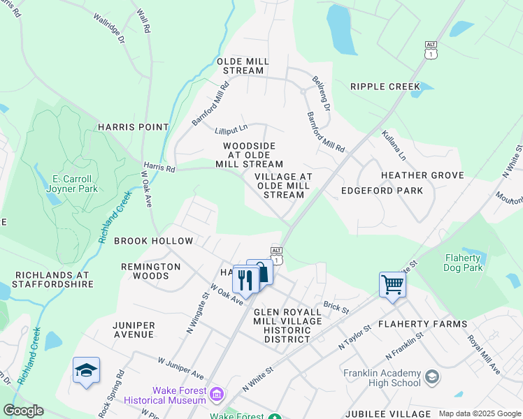 map of restaurants, bars, coffee shops, grocery stores, and more near 201 Harris Road in Wake Forest