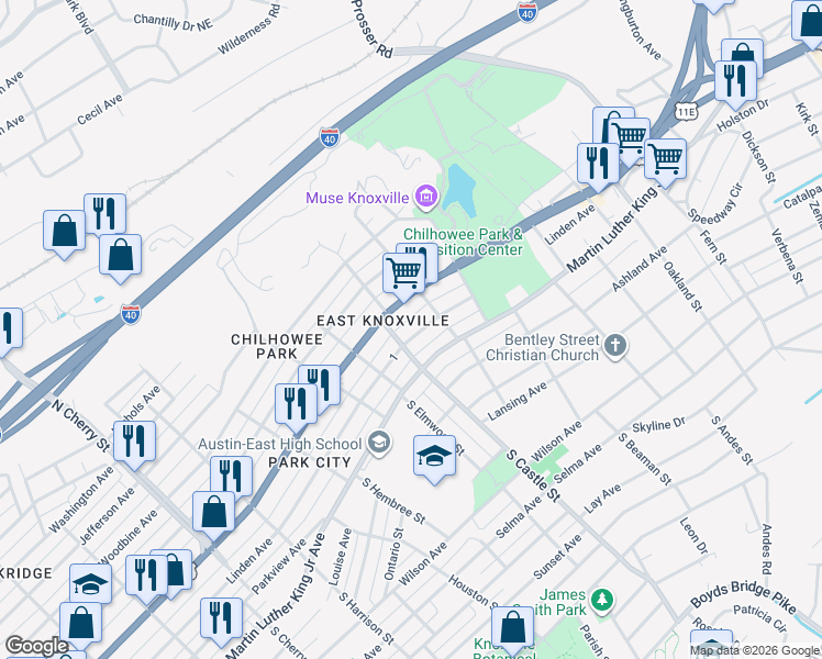 map of restaurants, bars, coffee shops, grocery stores, and more near 3115 Linden Avenue in Knoxville