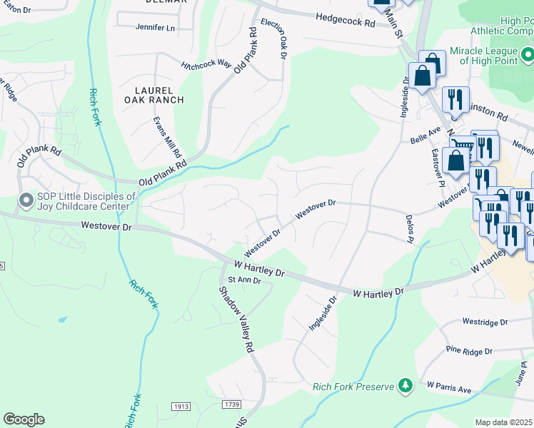 map of restaurants, bars, coffee shops, grocery stores, and more near 580 Forage Drive in High Point