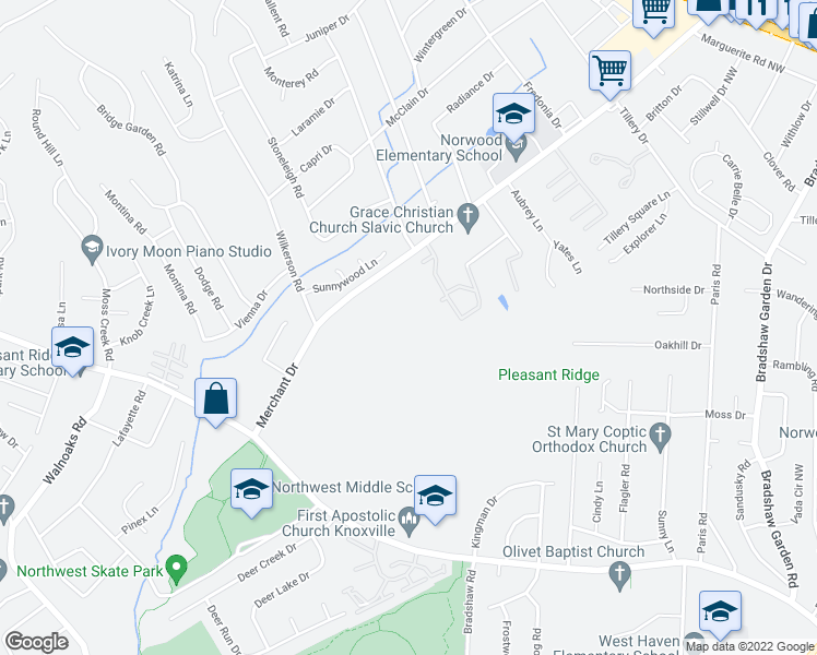 map of restaurants, bars, coffee shops, grocery stores, and more near 2400 Merchant Drive in Knoxville
