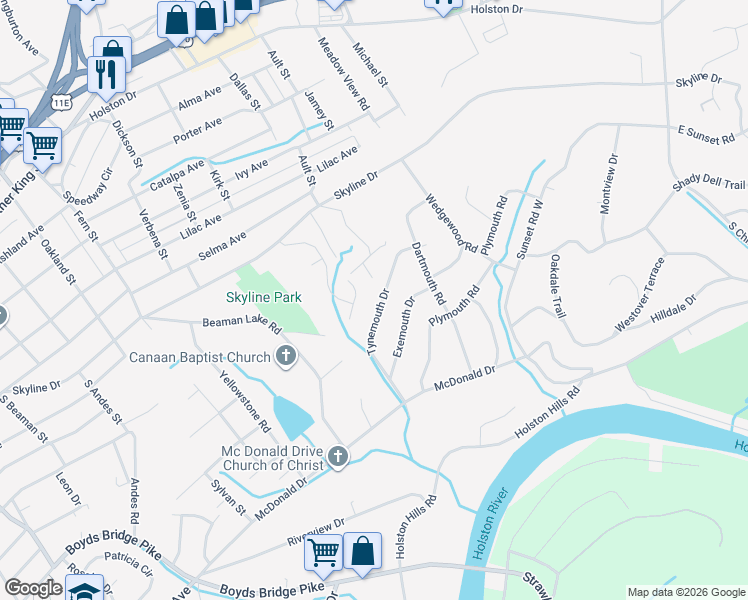 map of restaurants, bars, coffee shops, grocery stores, and more near 4429 Tynemouth Drive in Knoxville