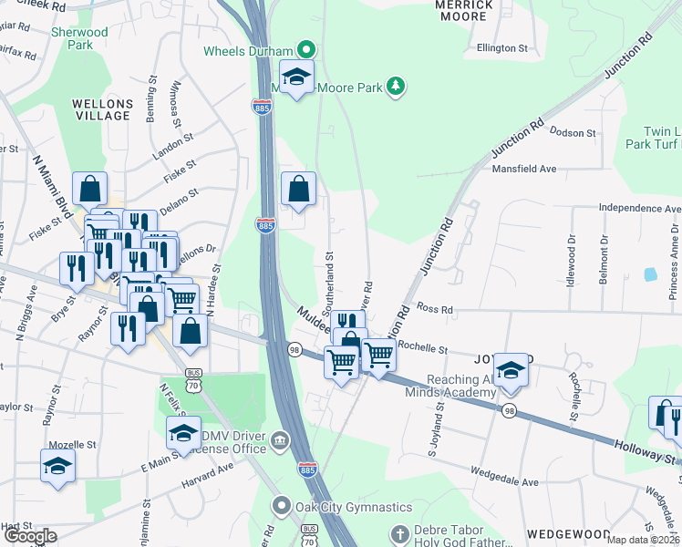 map of restaurants, bars, coffee shops, grocery stores, and more near 206 Southerland Street in Durham