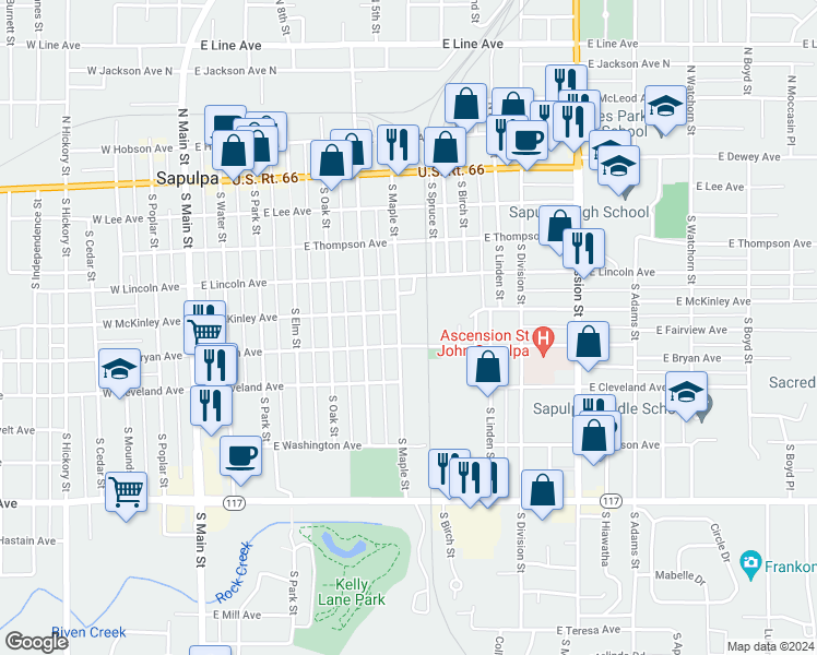 map of restaurants, bars, coffee shops, grocery stores, and more near 409 South Maple Street in Sapulpa